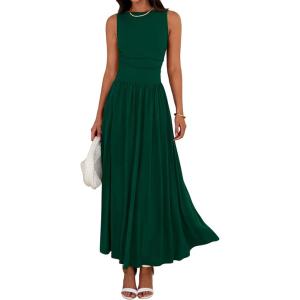 image:imageBTFBM Summer Maxi Dresses for Women 2026 Spring Sleeveless Casual Ruched High Waisted Long Sundress Flowy Beach DressDark Green