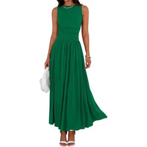 image:imageBTFBM Summer Maxi Dresses for Women 2026 Spring Sleeveless Casual Ruched High Waisted Long Sundress Flowy Beach DressGreen