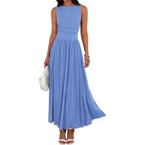 image:imageBTFBM Summer Maxi Dresses for Women 2026 Spring Sleeveless Casual Ruched High Waisted Long Sundress Flowy Beach DressLight Blue