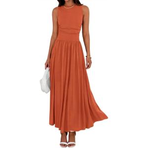 image:imageBTFBM Summer Maxi Dresses for Women 2026 Spring Sleeveless Casual Ruched High Waisted Long Sundress Flowy Beach DressOrange
