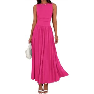 image:imageBTFBM Summer Maxi Dresses for Women 2026 Spring Sleeveless Casual Ruched High Waisted Long Sundress Flowy Beach DressRose Red