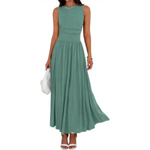 image:imageBTFBM Summer Maxi Dresses for Women 2026 Spring Sleeveless Casual Ruched High Waisted Long Sundress Flowy Beach DressSage Green