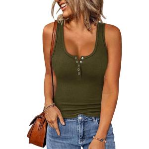 image:imageBTFBM Summer Tops for Women 2026 Scoop Neck Ribbed Henley Button Sleeveless Casual Spring Basic Tank Top Clothes OutfitsArmy Green