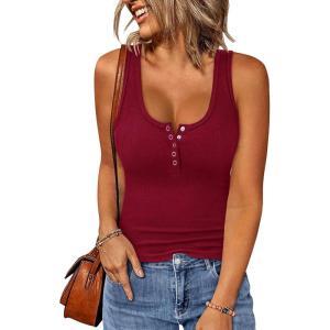 image:imageBTFBM Summer Tops for Women 2026 Scoop Neck Ribbed Henley Button Sleeveless Casual Spring Basic Tank Top Clothes OutfitsWine Red