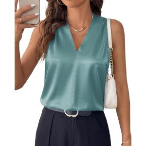 image:imageBTFBM Tank Top for Women 2026 Summer Spring Silk Satin V Neck Pleated Sleeveless Work Blouses Business Casual OutfitsAqua Blue