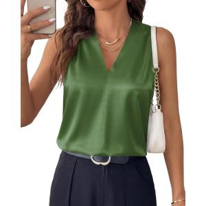 image:imageBTFBM Tank Top for Women 2026 Summer Spring Silk Satin V Neck Pleated Sleeveless Work Blouses Business Casual OutfitsArmy Green