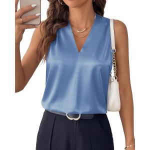 image:imageBTFBM Tank Top for Women 2026 Summer Spring Silk Satin V Neck Pleated Sleeveless Work Blouses Business Casual OutfitsBlue