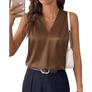 image:imageBTFBM Tank Top for Women 2026 Summer Spring Silk Satin V Neck Pleated Sleeveless Work Blouses Business Casual OutfitsBrown