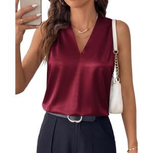 image:imageBTFBM Tank Top for Women 2026 Summer Spring Silk Satin V Neck Pleated Sleeveless Work Blouses Business Casual OutfitsBurgundy