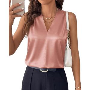 image:imageBTFBM Tank Top for Women 2026 Summer Spring Silk Satin V Neck Pleated Sleeveless Work Blouses Business Casual OutfitsGrey Pink