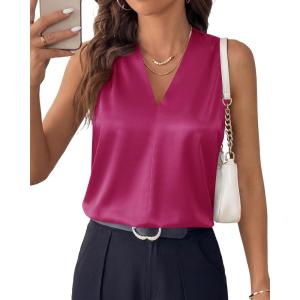 image:imageBTFBM Tank Top for Women 2026 Summer Spring Silk Satin V Neck Pleated Sleeveless Work Blouses Business Casual OutfitsRose Purple