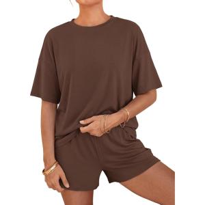 image:imageBTFBM Two Piece Sets For Women Summer Outfits Short Sleeve Tops Lounge Shorts Sets Oversized Matching Sets Pockets 2026Brown