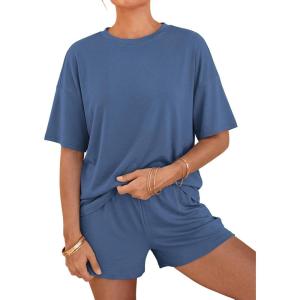 image:imageBTFBM Two Piece Sets For Women Summer Outfits Short Sleeve Tops Lounge Shorts Sets Oversized Matching Sets Pockets 2026Grey Blue
