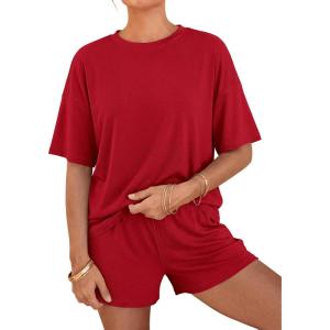 image:imageBTFBM Two Piece Sets For Women Summer Outfits Short Sleeve Tops Lounge Shorts Sets Oversized Matching Sets Pockets 2026Red