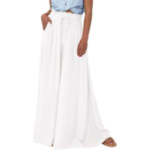 image:imageBTFBM Women Casual High Waist Wide Leg Pants 2026 Spring Summer Long Palazzo Pants Pocket Lounge Beach Vacation ClothesSolid White