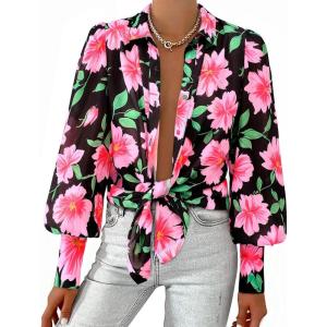 image:imageBTFBM Women Fashion Button Down Shirts 2026 V Neck Boho Printed Long Sleeve Blouses Dressy Casual Spring Fall TopsBig Floral Black Pink