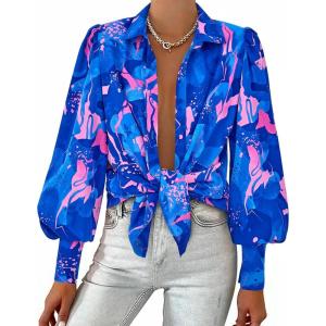 image:imageBTFBM Women Fashion Button Down Shirts 2026 V Neck Boho Printed Long Sleeve Blouses Dressy Casual Spring Fall TopsFloral Blue Pink