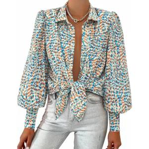 image:imageBTFBM Women Fashion Button Down Shirts 2026 V Neck Boho Printed Long Sleeve Blouses Dressy Casual Spring Fall TopsFloral Blue White