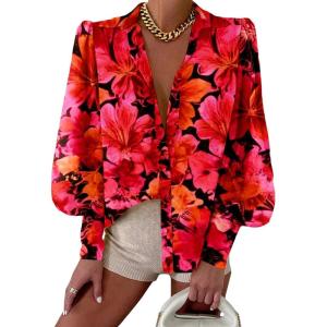 image:imageBTFBM Women Fashion Button Down Shirts 2026 V Neck Boho Printed Long Sleeve Blouses Dressy Casual Spring Fall TopsFloral Red