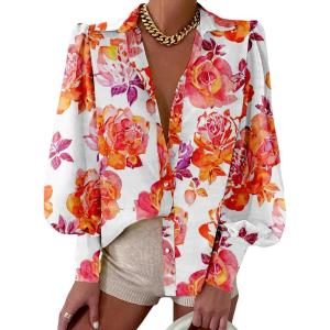 image:imageBTFBM Women Fashion Button Down Shirts 2026 V Neck Boho Printed Long Sleeve Blouses Dressy Casual Spring Fall TopsFloral White Red