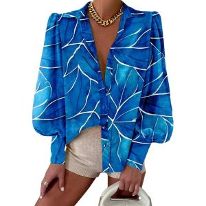 image:imageBTFBM Women Fashion Button Down Shirts 2026 V Neck Boho Printed Long Sleeve Blouses Dressy Casual Spring Fall TopsMulti Blue