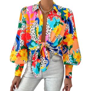image:imageBTFBM Women Fashion Button Down Shirts 2026 V Neck Boho Printed Long Sleeve Blouses Dressy Casual Spring Fall TopsMulti Orange