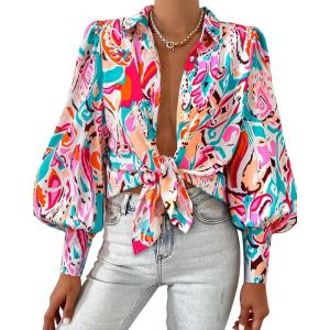 image:imageBTFBM Women Fashion Button Down Shirts 2026 V Neck Boho Printed Long Sleeve Blouses Dressy Casual Spring Fall TopsMulti Pink Green