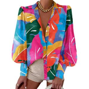 image:imageBTFBM Women Fashion Button Down Shirts 2026 V Neck Boho Printed Long Sleeve Blouses Dressy Casual Spring Fall TopsMulticolored