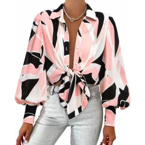image:imageBTFBM Women Fashion Button Down Shirts 2026 V Neck Boho Printed Long Sleeve Blouses Dressy Casual Spring Fall TopsPrint Black Pink