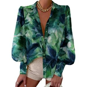 image:imageBTFBM Women Fashion Button Down Shirts 2026 V Neck Boho Printed Long Sleeve Blouses Dressy Casual Spring Fall TopsPrint Green