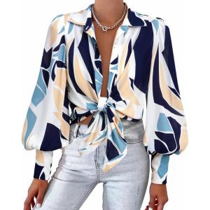 image:imageBTFBM Women Fashion Button Down Shirts 2026 V Neck Boho Printed Long Sleeve Blouses Dressy Casual Spring Fall TopsPrint Navy
