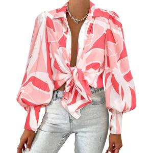 image:imageBTFBM Women Fashion Button Down Shirts 2026 V Neck Boho Printed Long Sleeve Blouses Dressy Casual Spring Fall TopsPrint Pink