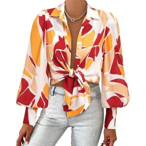 image:imageBTFBM Women Fashion Button Down Shirts 2026 V Neck Boho Printed Long Sleeve Blouses Dressy Casual Spring Fall TopsPrint Red Brown