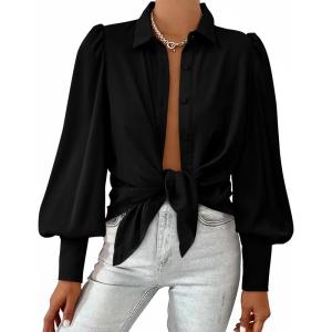 image:imageBTFBM Women Fashion Button Down Shirts 2026 V Neck Boho Printed Long Sleeve Blouses Dressy Casual Spring Fall TopsSolid Black