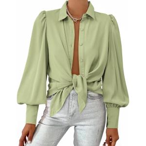 image:imageBTFBM Women Fashion Button Down Shirts 2026 V Neck Boho Printed Long Sleeve Blouses Dressy Casual Spring Fall TopsSolid Green