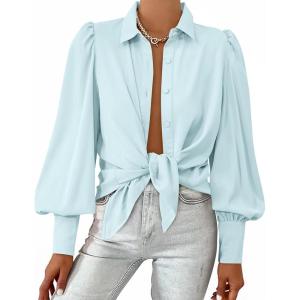 image:imageBTFBM Women Fashion Button Down Shirts 2026 V Neck Boho Printed Long Sleeve Blouses Dressy Casual Spring Fall TopsSolid Light Blue
