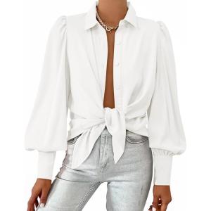 image:imageBTFBM Women Fashion Button Down Shirts 2026 V Neck Boho Printed Long Sleeve Blouses Dressy Casual Spring Fall TopsSolid White