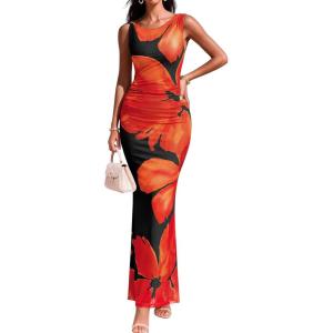 image:imageBTFBM Women Floral Cocktail Wedding Guest Dress Summer Spring 2026 Twist Strap Bodycon Mesh Beach Vacation Maxi DressesFloral Black Red