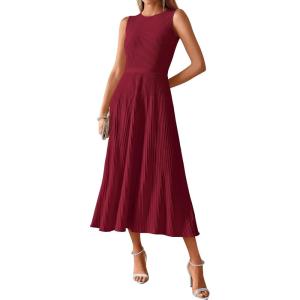 image:imageBTFBM Women Tank Midi Dress Summer Crewneck Sleeveless Pleated A Line Business Casual Formal Sweater Spring Dresses 2026Burgundy