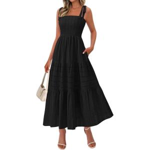 image:imageBTFBM Womens 2026 Spring Boho Spaghetti Strap Dress Casual Sleeveless Smocked A Line Beach Sundress Long Maxi DressesBlack