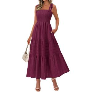 image:imageBTFBM Womens 2026 Spring Boho Spaghetti Strap Dress Casual Sleeveless Smocked A Line Beach Sundress Long Maxi DressesBurgundy