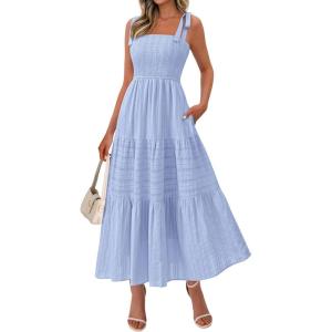 image:imageBTFBM Womens 2026 Spring Boho Spaghetti Strap Dress Casual Sleeveless Smocked A Line Beach Sundress Long Maxi DressesLight Blue