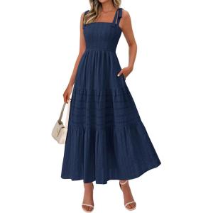 image:imageBTFBM Womens 2026 Spring Boho Spaghetti Strap Dress Casual Sleeveless Smocked A Line Beach Sundress Long Maxi DressesNavy Blue