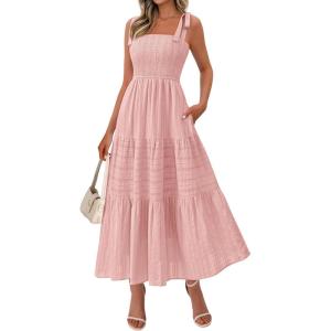 image:imageBTFBM Womens 2026 Spring Boho Spaghetti Strap Dress Casual Sleeveless Smocked A Line Beach Sundress Long Maxi DressesPink