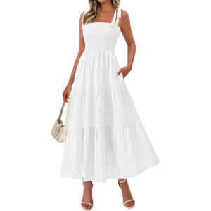 image:imageBTFBM Womens 2026 Spring Boho Spaghetti Strap Dress Casual Sleeveless Smocked A Line Beach Sundress Long Maxi DressesWhite