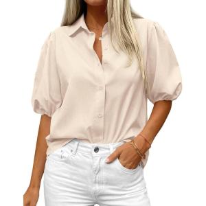 image:imageBTFBM Womens Button Down Shirts Short Puff Sleeve Collared V Neck 2026 Summer Tops Dressy Casual Work Business BlousesBeige