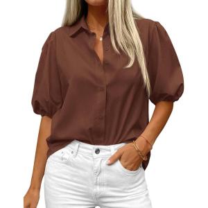 image:imageBTFBM Womens Button Down Shirts Short Puff Sleeve Collared V Neck 2026 Summer Tops Dressy Casual Work Business BlousesBrown