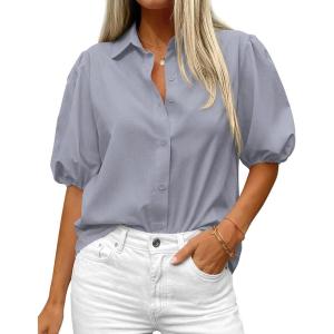 image:imageBTFBM Womens Button Down Shirts Short Puff Sleeve Collared V Neck 2026 Summer Tops Dressy Casual Work Business BlousesGrey