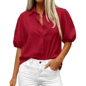 image:imageBTFBM Womens Button Down Shirts Short Puff Sleeve Collared V Neck 2026 Summer Tops Dressy Casual Work Business BlousesRed