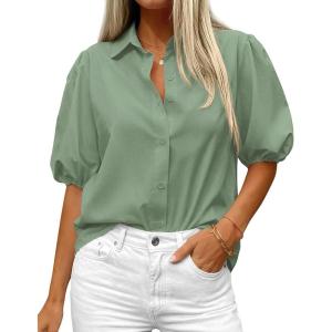 image:imageBTFBM Womens Button Down Shirts Short Puff Sleeve Collared V Neck 2026 Summer Tops Dressy Casual Work Business BlousesSage Green